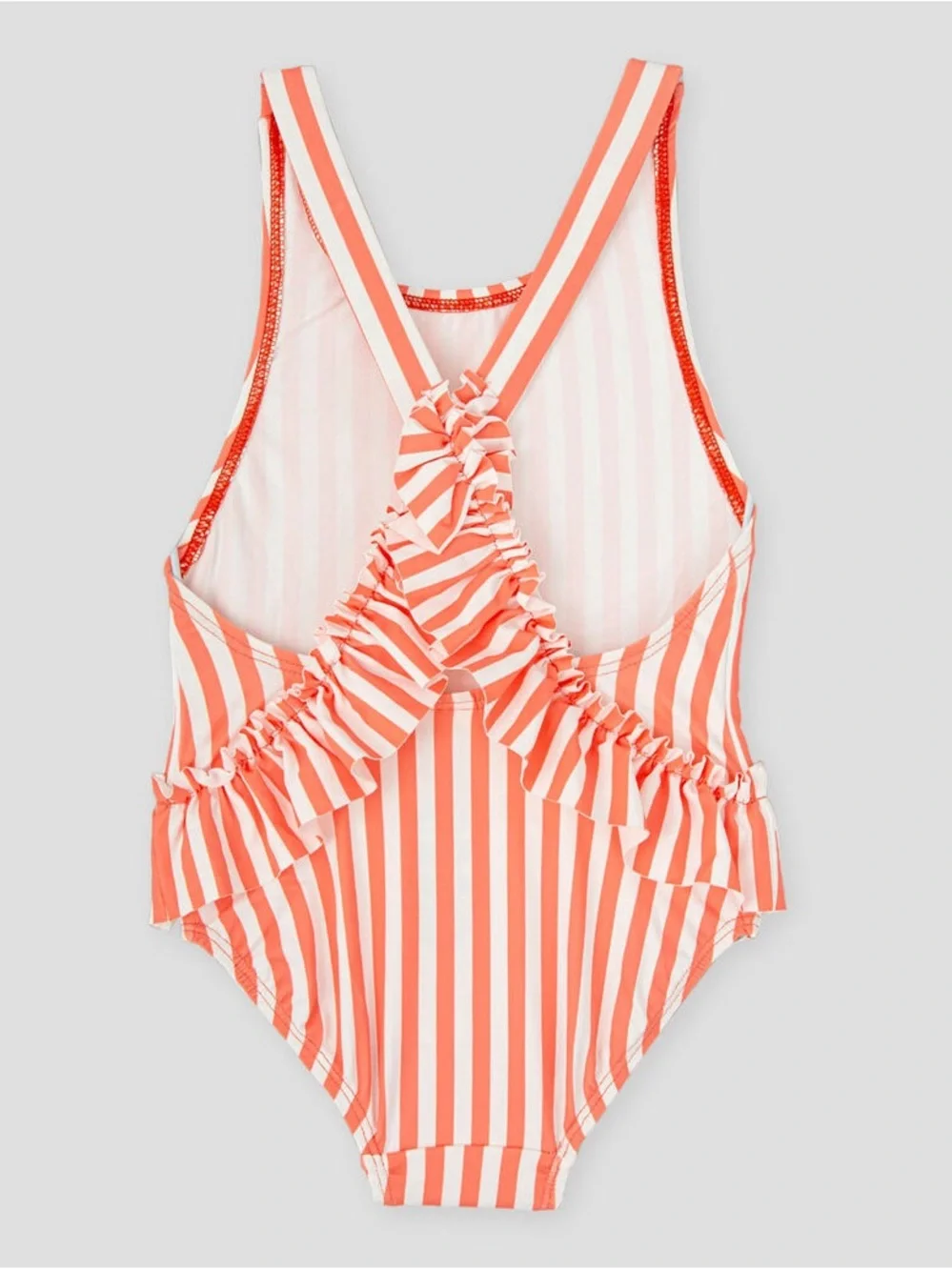 TUTTO PICCOLO Girls Coral and White Striped Ruffle One-Piece Swimsuit